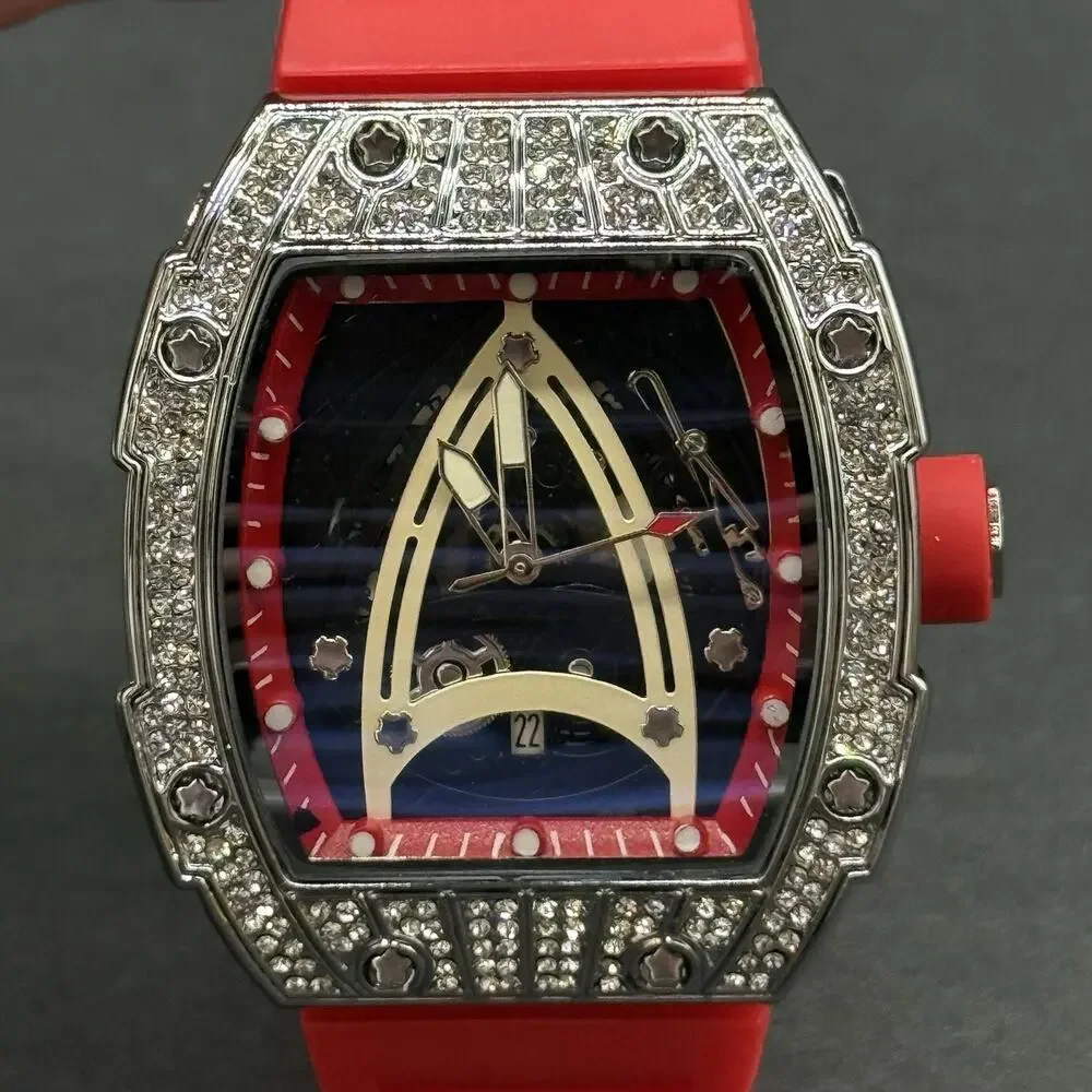 Men's Avant-Garde Tonneau Sport Watch Fully Iced Out Bezel & Vibrant Red Band